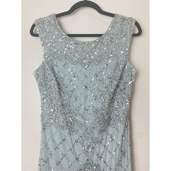 ADRIANNA PAPELL DRESS 10 GOWN SEQUIN BEADED LATTICE BLUE GRAY SLEEVELESS GODETS - Picture 7 of 16